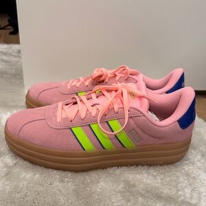 Adidas Pink and Lime Green Sneakers with Blue Accents
